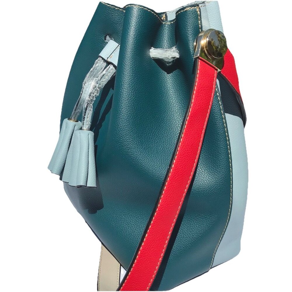 MFK Collection Mia K Tote Bucket Bag & Wristlet Vegan Leather Blue Red Purse NWT